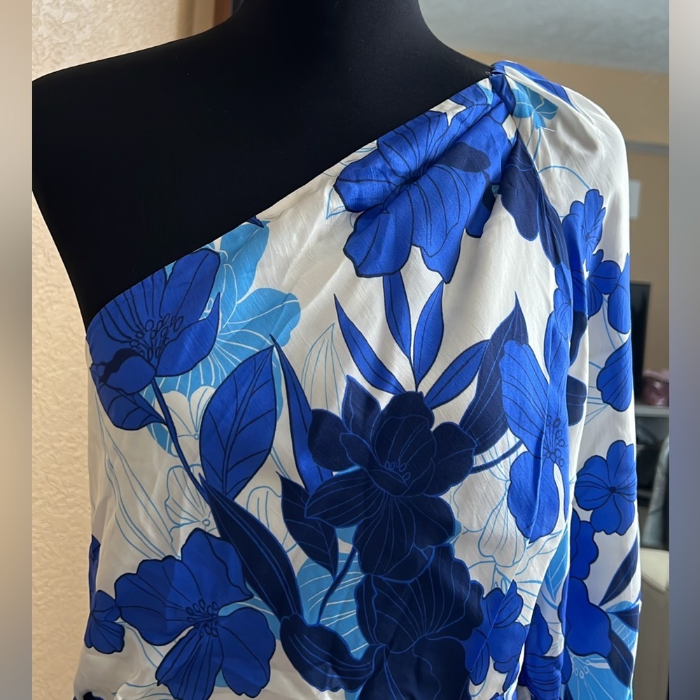 J. Crew collection Blue white floral one shoulder maxi Dress Ruffled size 10 - Picture 7 of 16